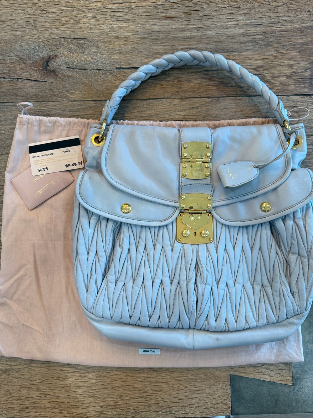 Miu Miu Matelassé/Coffer-style Shoulder Bag with Gold Hardware in dove grey